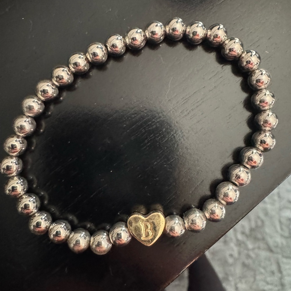 Silver Beaded Bracelet with Gold Heart Charm- Monogram “B”